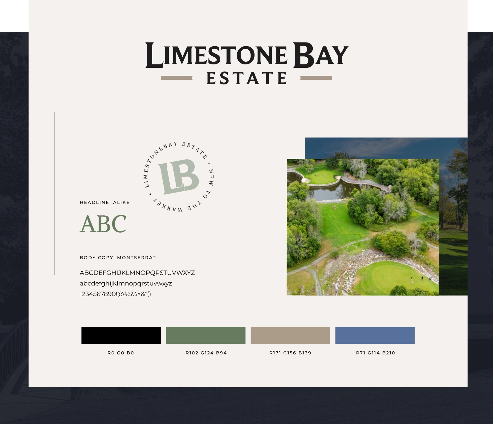 Limestone Bay Estate badge, images, fonts, and colours.